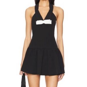 REVOLVE Black Halter Mini Dress with White Bow Accent